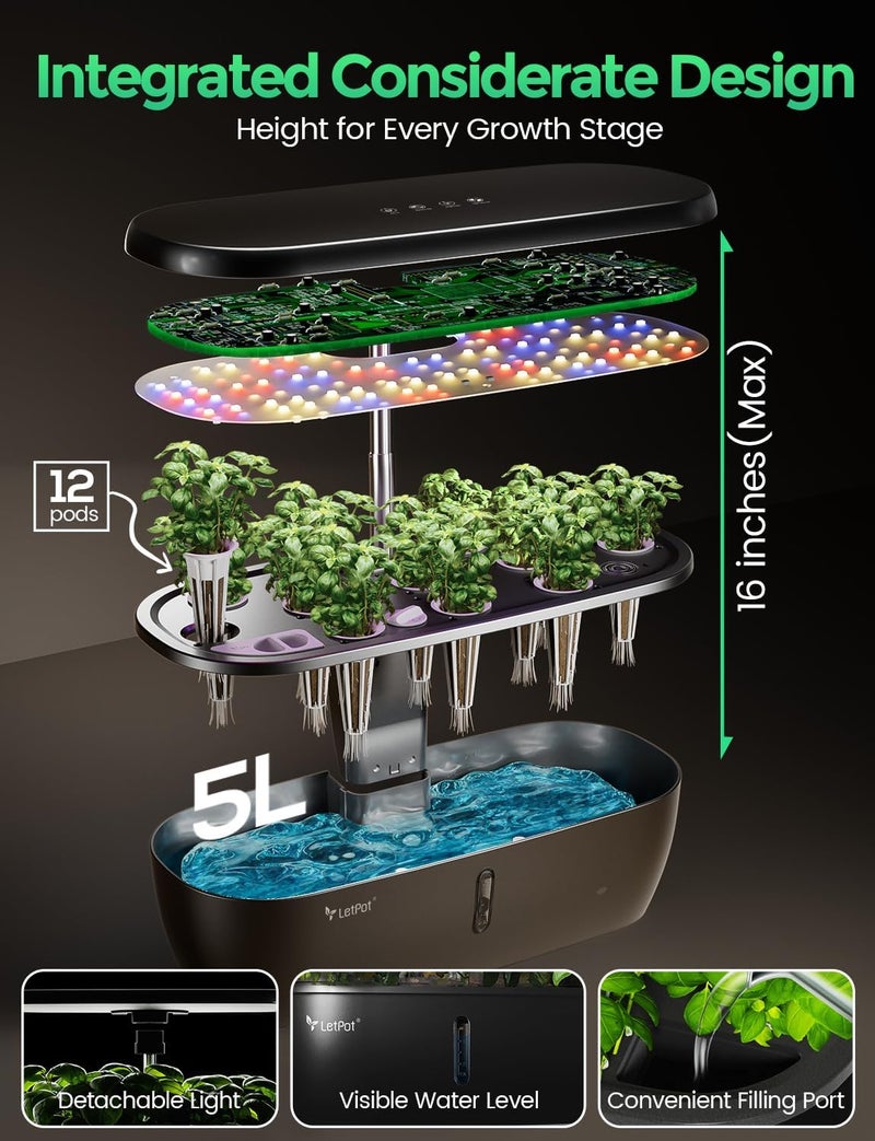 LETPOT Store مجموعة نظام الزراعة المائية الكلاسيكية، حديقة الأعشاب الداخلية، ضوء نمو LED كامل الطيف 24 واط، 12 وحدة، على الطاولة، هدايا لمحبي النباتات، المطبخ، الحصاد، وضعين مزدوجين، حتى 16 بوصة، خزان 5.5 لتر - Image 5